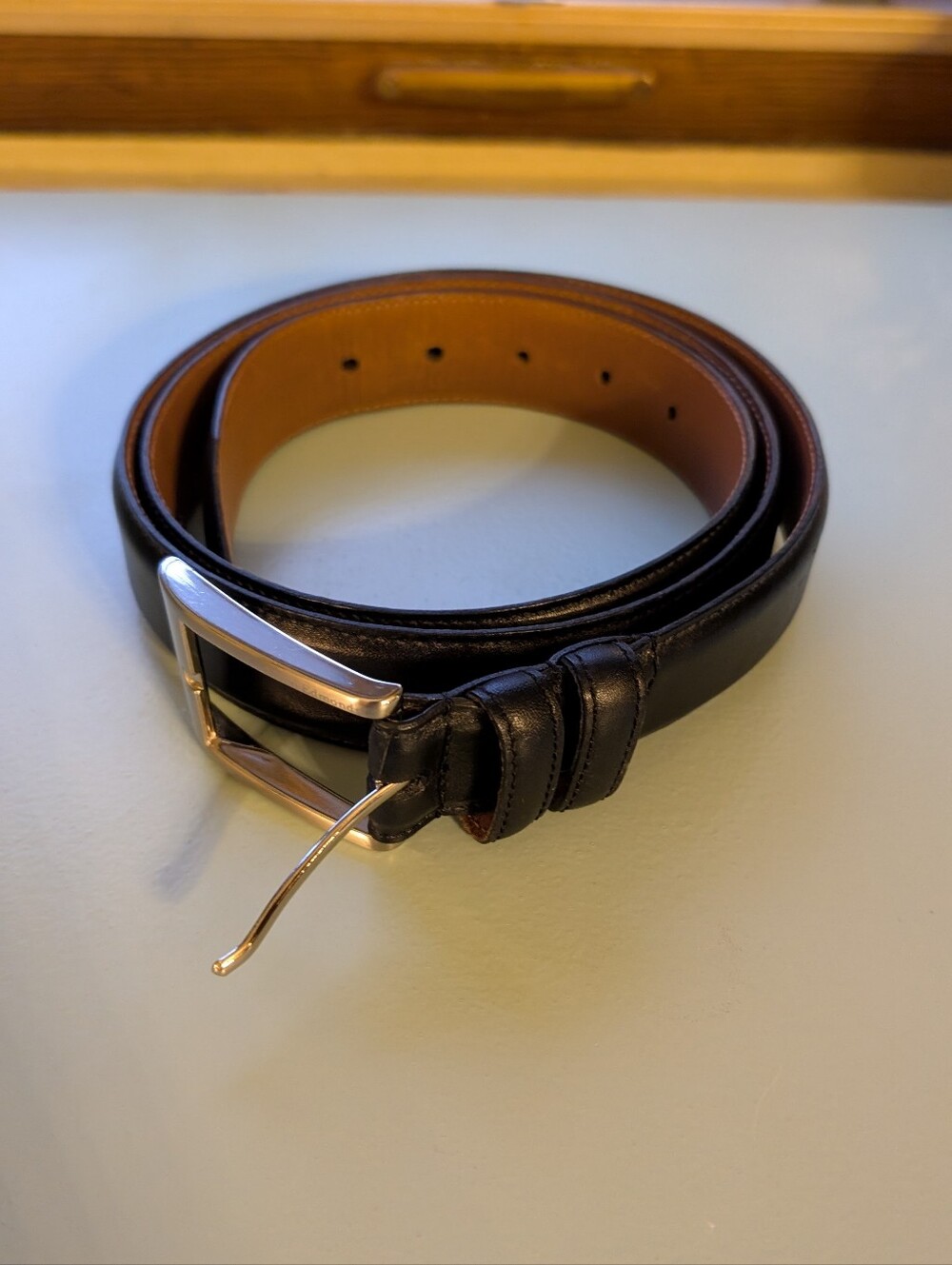 Allen Edmonds Black Leather Belt with Silver Buckle and Brown Interior Size 46